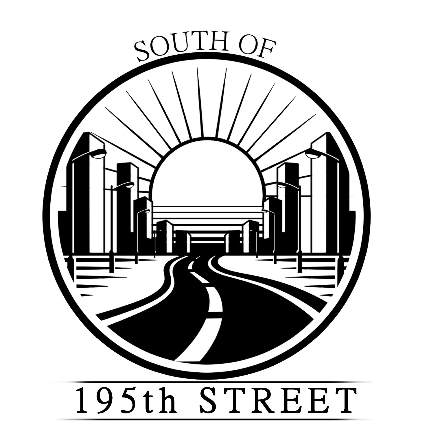 Black-and-white circular logo featuring a city skyline with a road leading toward a rising sun, labeled “South of 195th Street”